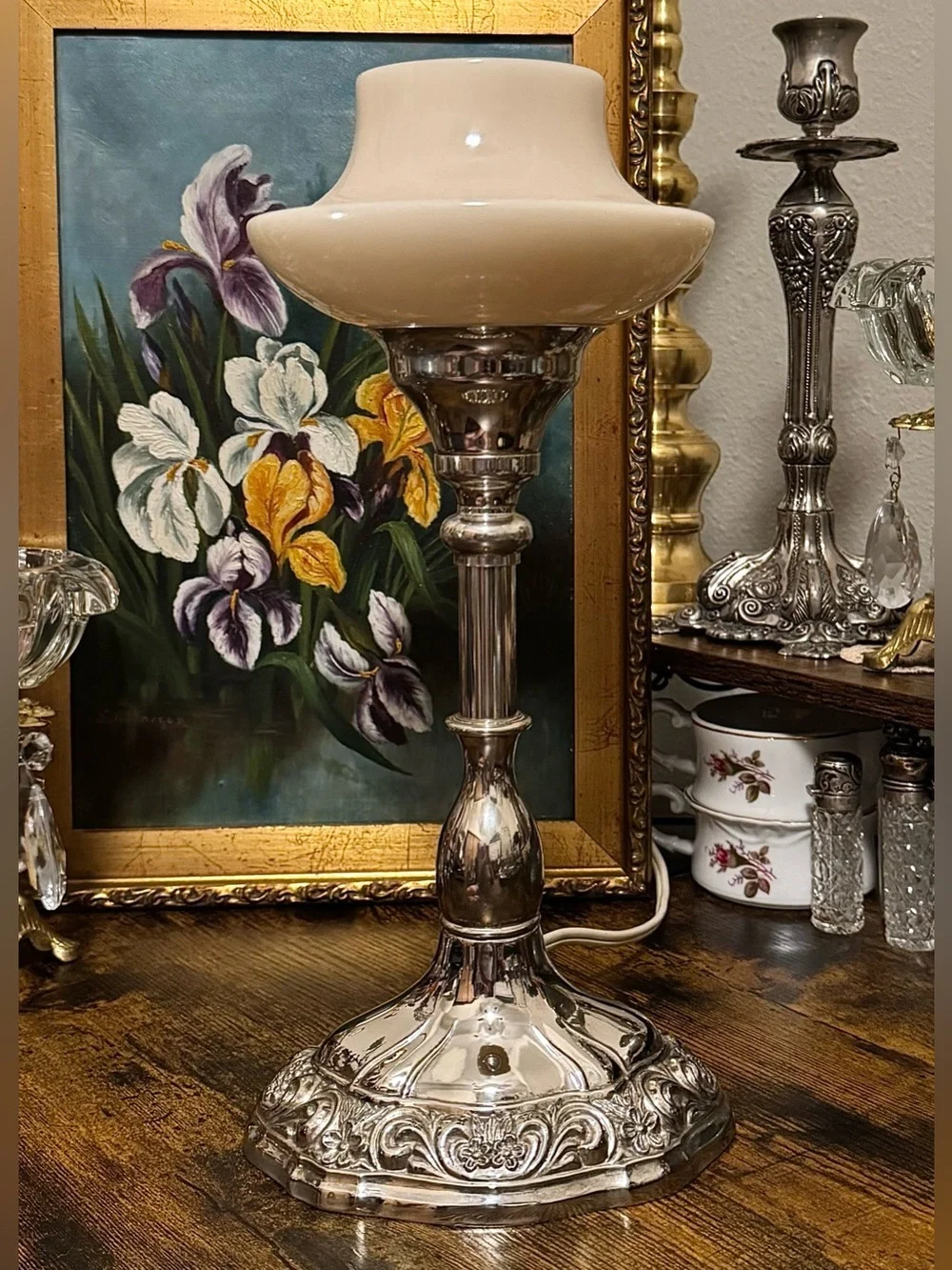 RARE Antique Art Deco Hand-Blown Uranium Custard Glass Silver-Plated Lamp Set